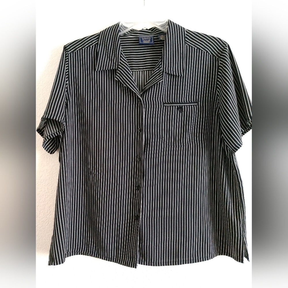 Laura Scott Petite Blouse Short Sleeve Black White Stripe 14P 14 Petite Chest 38